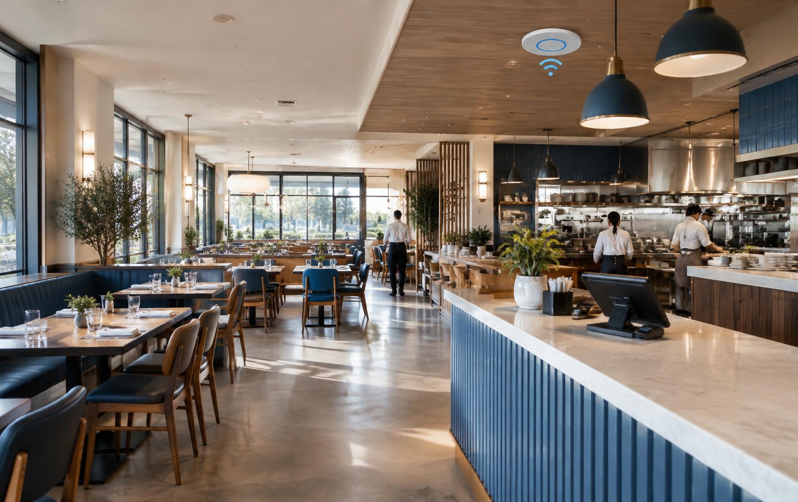 Contemporary restaurant dining room and service counter