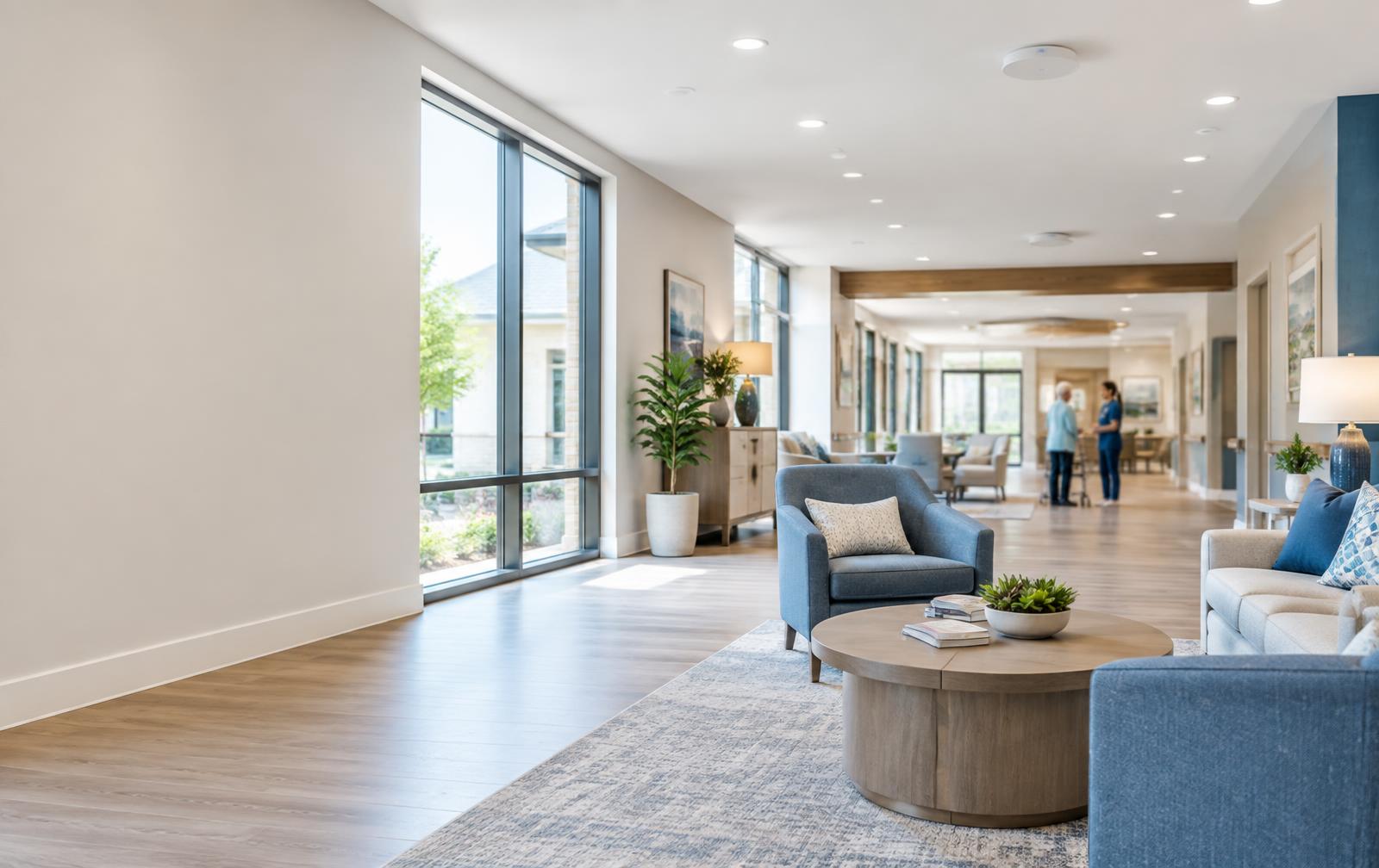 Bright common area in a modern senior living community